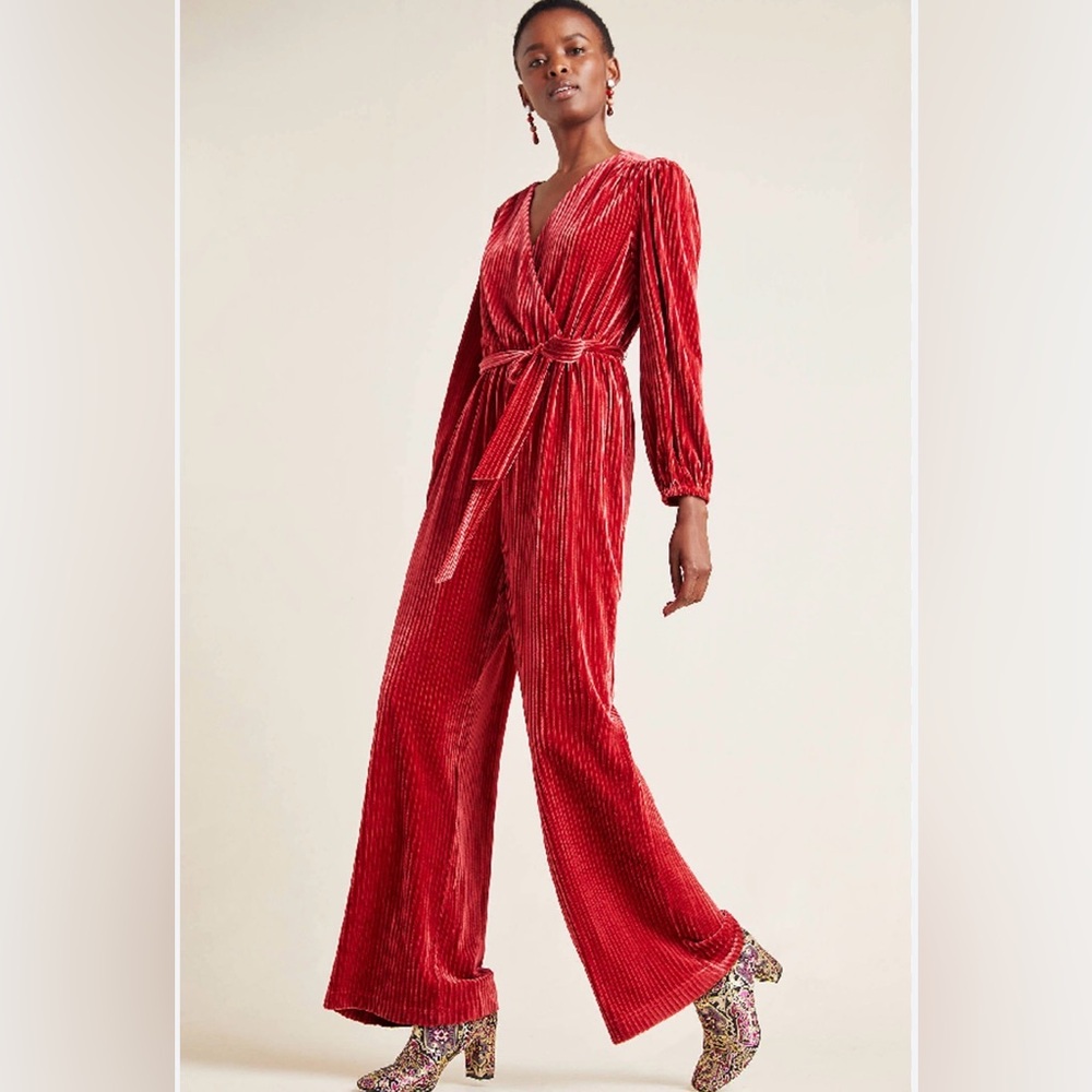 Anthropologie Samantha Red/orange Velvet Jumpsuit Size S